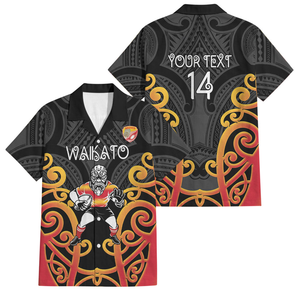 Waikato Custom Rugby New Zealand Family Matching Puletasi and Hawaiian Shirt Aotearoa Maori Pukana Tiki Mascot