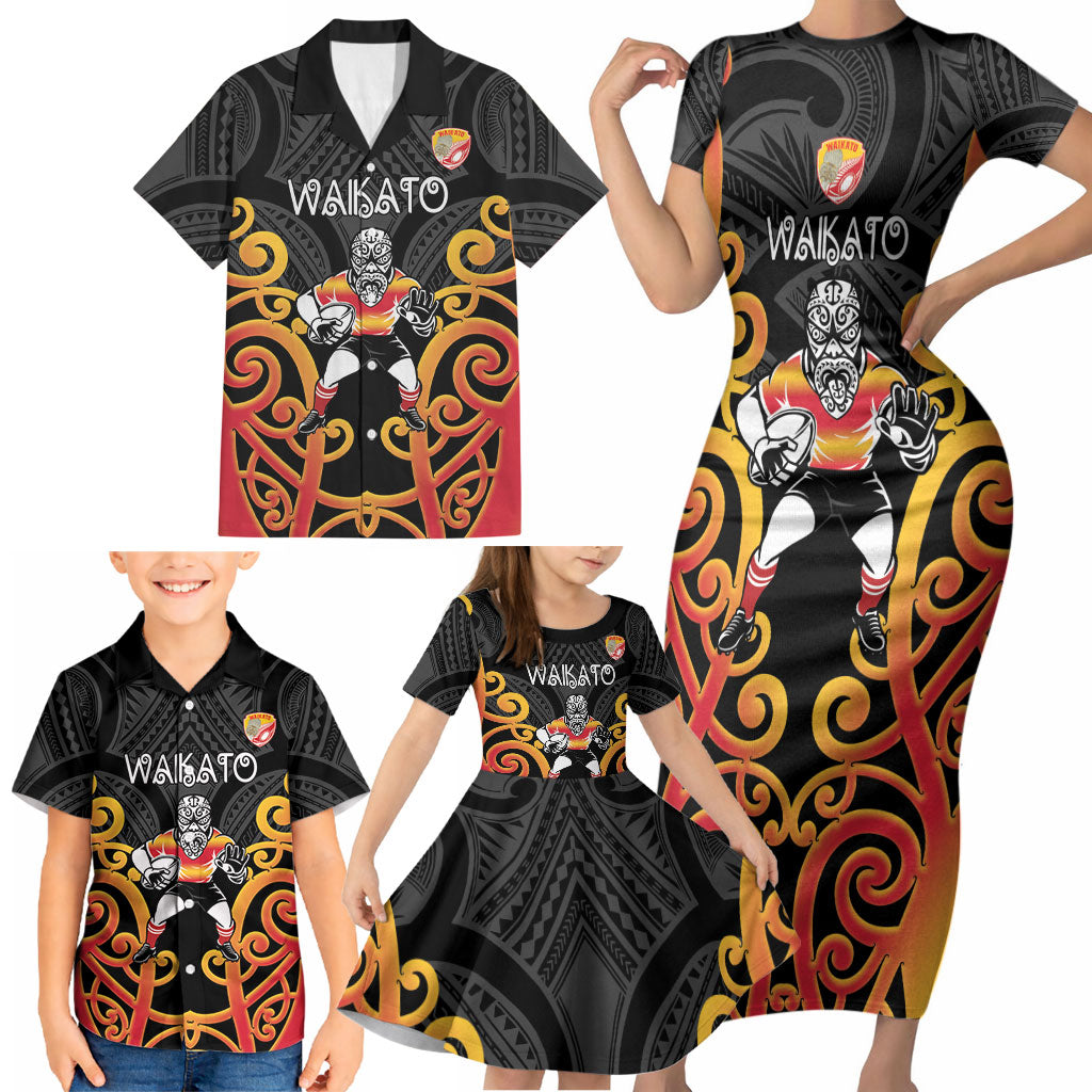 Waikato Custom Rugby New Zealand Family Matching Short Sleeve Bodycon Dress and Hawaiian Shirt Aotearoa Maori Pukana Tiki Mascot