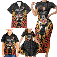 Waikato Custom Rugby New Zealand Family Matching Short Sleeve Bodycon Dress and Hawaiian Shirt Aotearoa Maori Pukana Tiki Mascot
