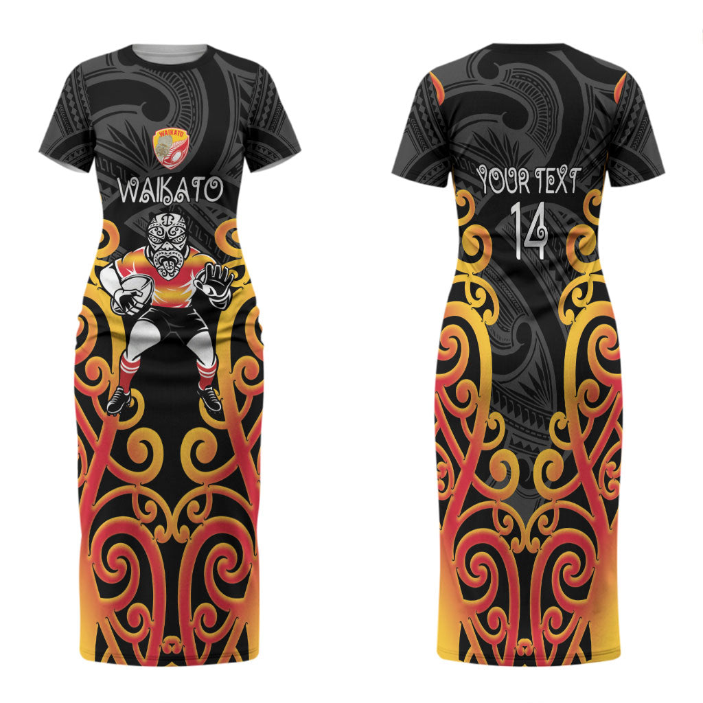 Waikato Custom Rugby New Zealand Family Matching Short Sleeve Bodycon Dress and Hawaiian Shirt Aotearoa Maori Pukana Tiki Mascot
