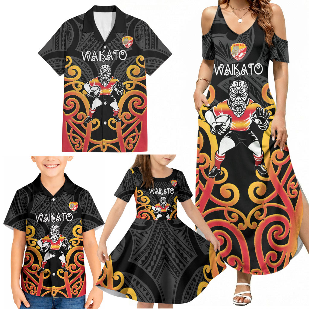 Waikato Custom Rugby New Zealand Family Matching Summer Maxi Dress and Hawaiian Shirt Aotearoa Maori Pukana Tiki Mascot