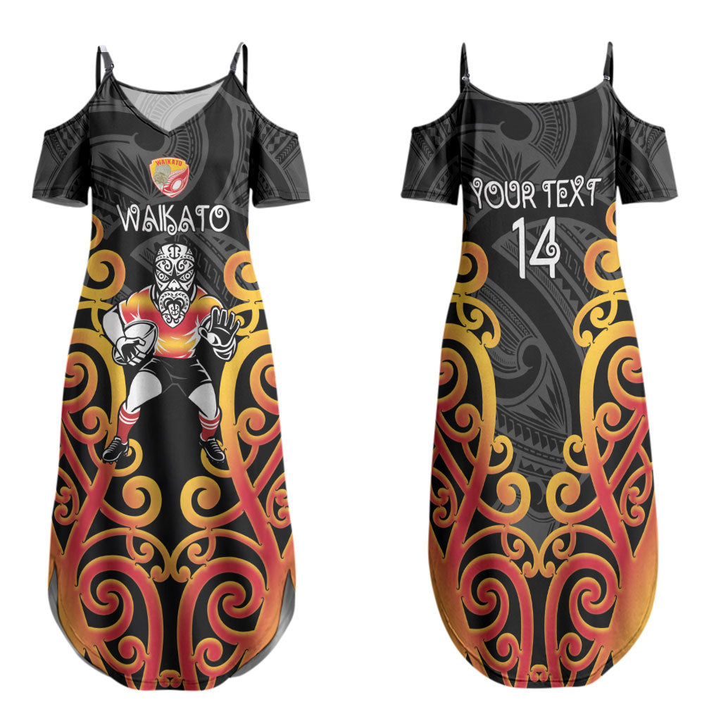 Waikato Custom Rugby New Zealand Family Matching Summer Maxi Dress and Hawaiian Shirt Aotearoa Maori Pukana Tiki Mascot