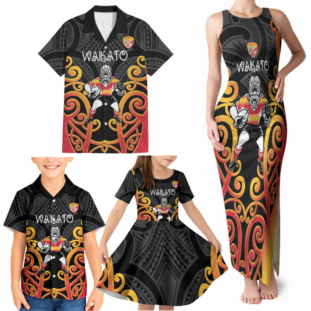 Waikato Custom Rugby New Zealand Family Matching Tank Maxi Dress and Hawaiian Shirt Aotearoa Maori Pukana Tiki Mascot