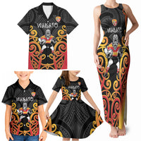 Waikato Custom Rugby New Zealand Family Matching Tank Maxi Dress and Hawaiian Shirt Aotearoa Maori Pukana Tiki Mascot