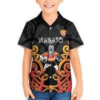 Waikato Custom Rugby New Zealand Kid Hawaiian Shirt Aotearoa Maori Pukana Tiki Mascot