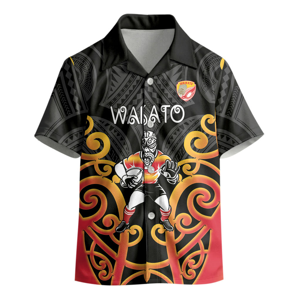 Waikato Custom Rugby New Zealand Kid Hawaiian Shirt Aotearoa Maori Pukana Tiki Mascot