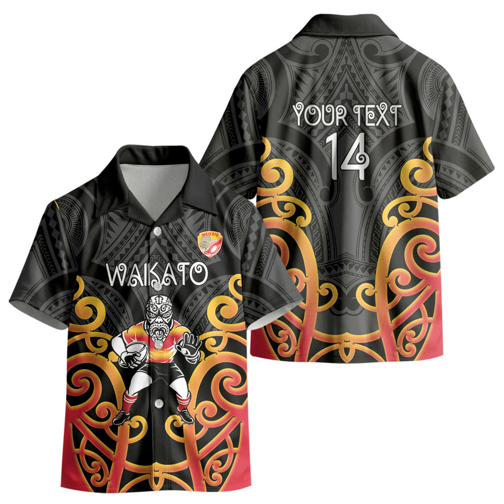 Waikato Custom Rugby New Zealand Kid Hawaiian Shirt Aotearoa Maori Pukana Tiki Mascot
