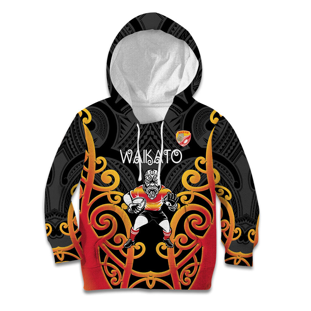Waikato Custom Rugby New Zealand Kid Hoodie Aotearoa Maori Pukana Tiki Mascot