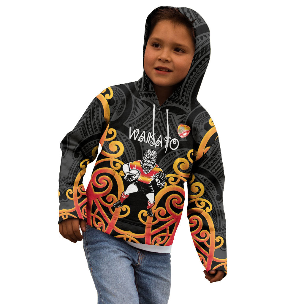 Waikato Custom Rugby New Zealand Kid Hoodie Aotearoa Maori Pukana Tiki Mascot