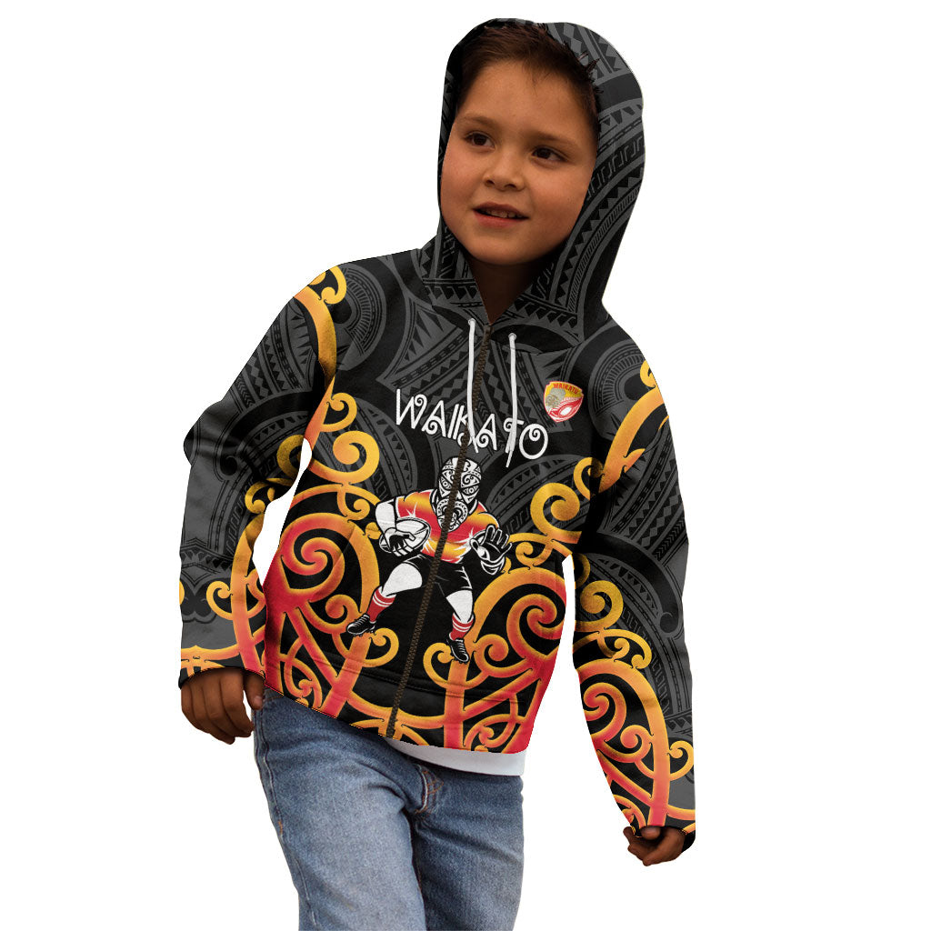 Waikato Custom Rugby New Zealand Kid Hoodie Aotearoa Maori Pukana Tiki Mascot