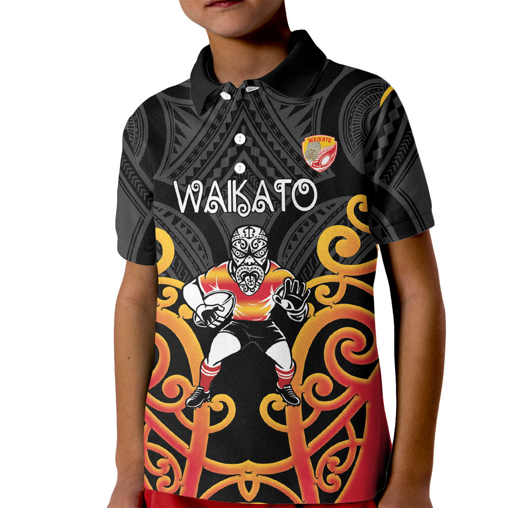 Waikato Custom Rugby New Zealand Kid Polo Shirt Aotearoa Maori Pukana Tiki Mascot