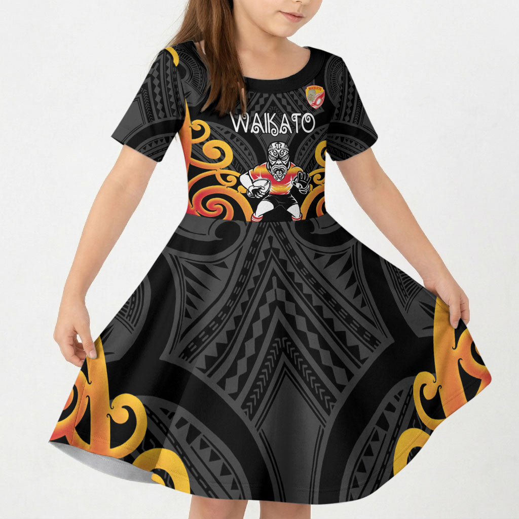 Waikato Custom Rugby New Zealand Kid Short Sleeve Dress Aotearoa Maori Pukana Tiki Mascot