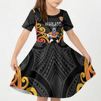 Waikato Custom Rugby New Zealand Kid Short Sleeve Dress Aotearoa Maori Pukana Tiki Mascot