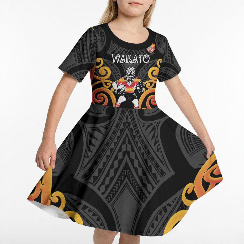 Waikato Custom Rugby New Zealand Kid Short Sleeve Dress Aotearoa Maori Pukana Tiki Mascot
