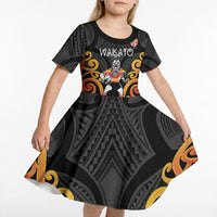 Waikato Custom Rugby New Zealand Kid Short Sleeve Dress Aotearoa Maori Pukana Tiki Mascot