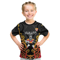 Waikato Custom Rugby New Zealand Kid T Shirt Aotearoa Maori Pukana Tiki Mascot