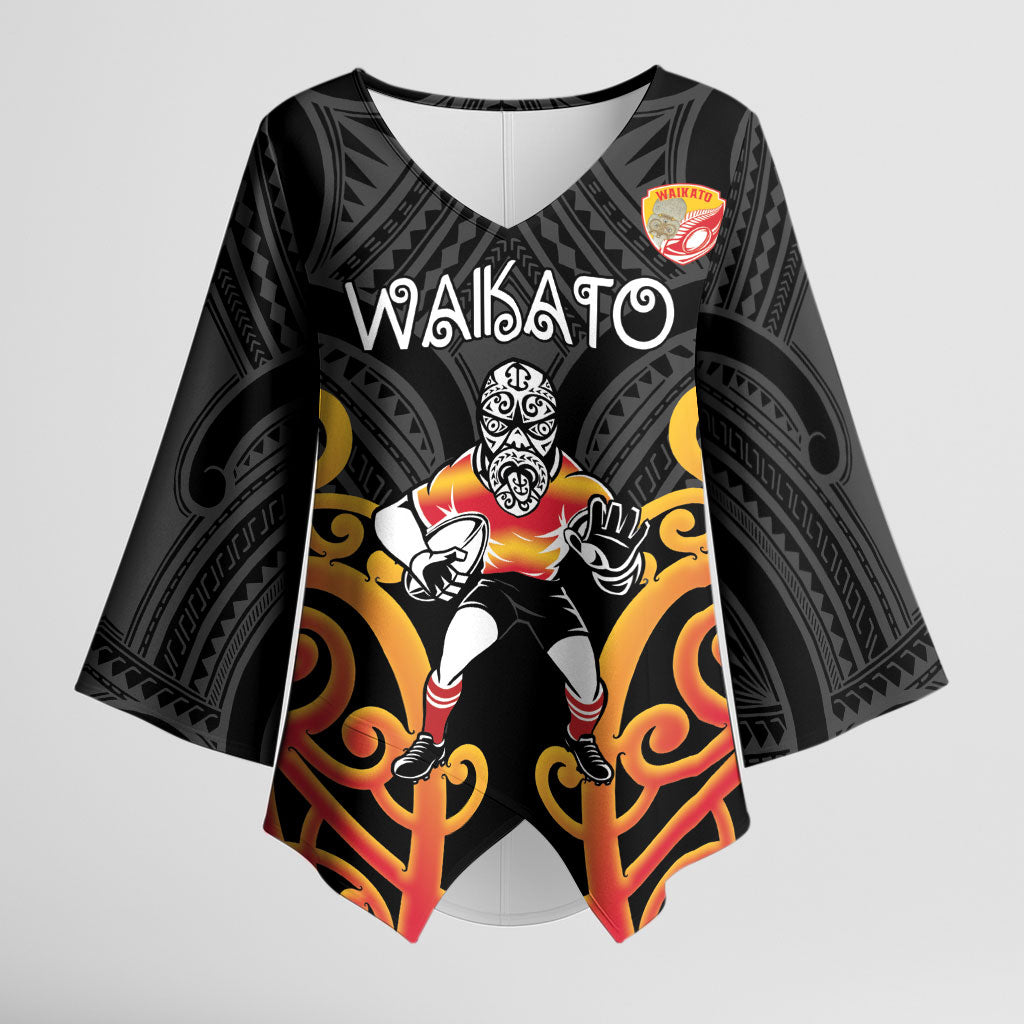 Waikato Custom Rugby New Zealand Kimono Sleeve Blouse Aotearoa Maori Pukana Tiki Mascot