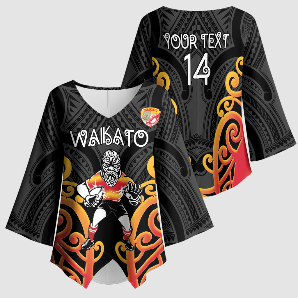 Waikato Custom Rugby New Zealand Kimono Sleeve Blouse Aotearoa Maori Pukana Tiki Mascot