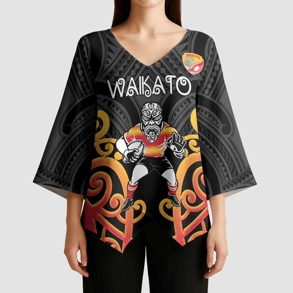 Waikato Custom Rugby New Zealand Kimono Sleeve Blouse Aotearoa Maori Pukana Tiki Mascot