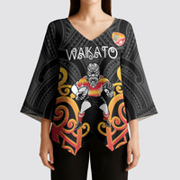 Waikato Custom Rugby New Zealand Kimono Sleeve Blouse Aotearoa Maori Pukana Tiki Mascot