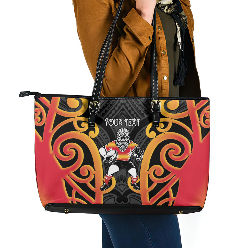 Waikato Custom Rugby New Zealand Leather Tote Bag Aotearoa Maori Pukana Tiki Mascot