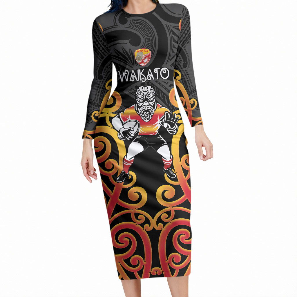 Waikato Custom Rugby New Zealand Long Sleeve Bodycon Dress Aotearoa Maori Pukana Tiki Mascot