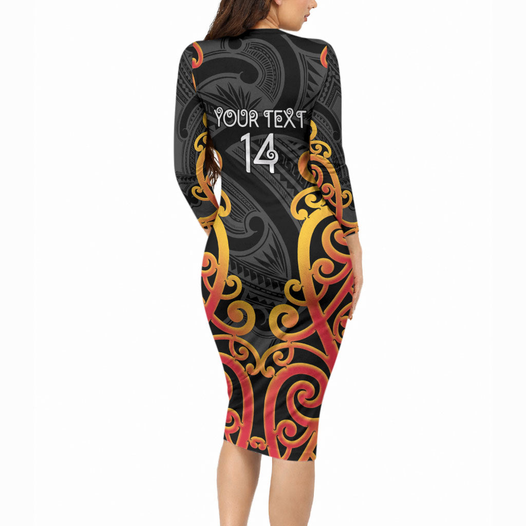 Waikato Custom Rugby New Zealand Long Sleeve Bodycon Dress Aotearoa Maori Pukana Tiki Mascot