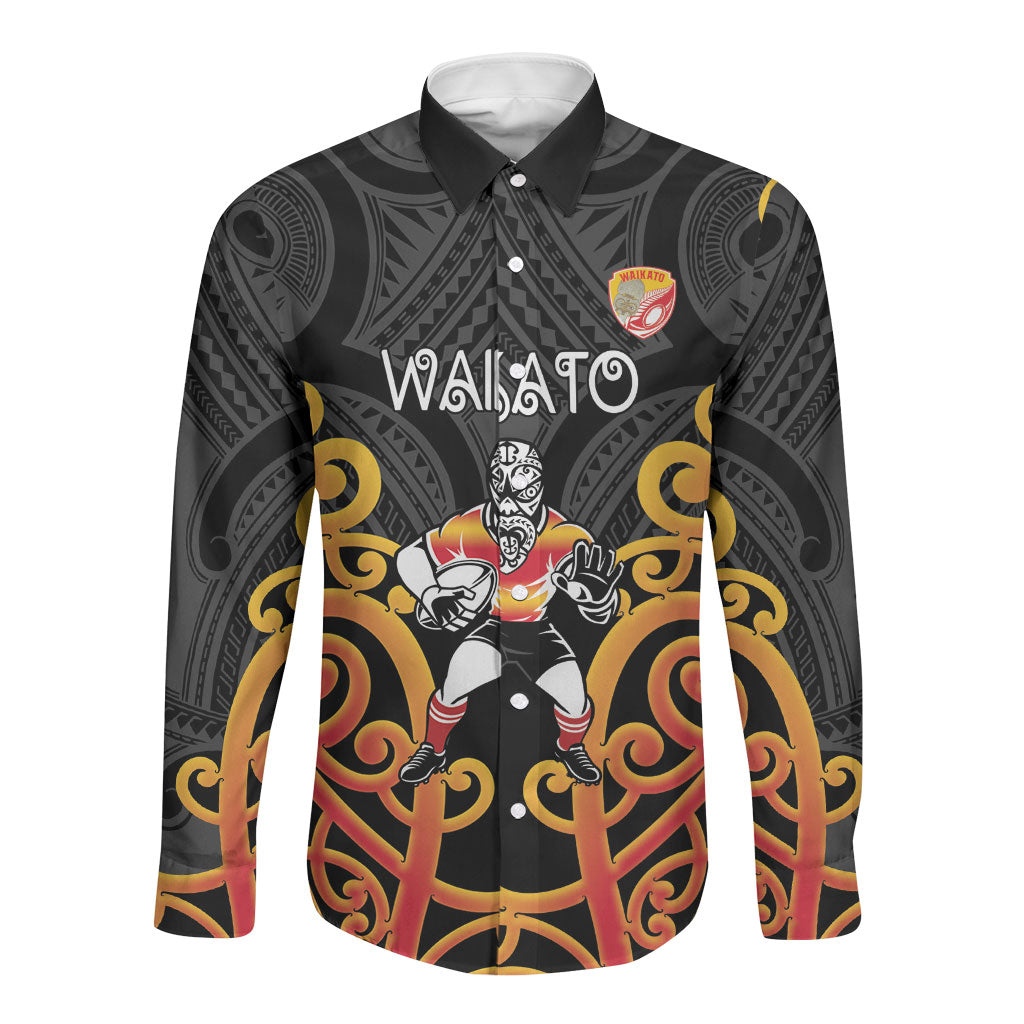 Waikato Custom Rugby New Zealand Long Sleeve Button Shirt Aotearoa Maori Pukana Tiki Mascot