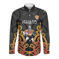 Waikato Custom Rugby New Zealand Long Sleeve Button Shirt Aotearoa Maori Pukana Tiki Mascot
