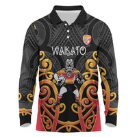 Waikato Custom Rugby New Zealand Long Sleeve Polo Shirt Aotearoa Maori Pukana Tiki Mascot