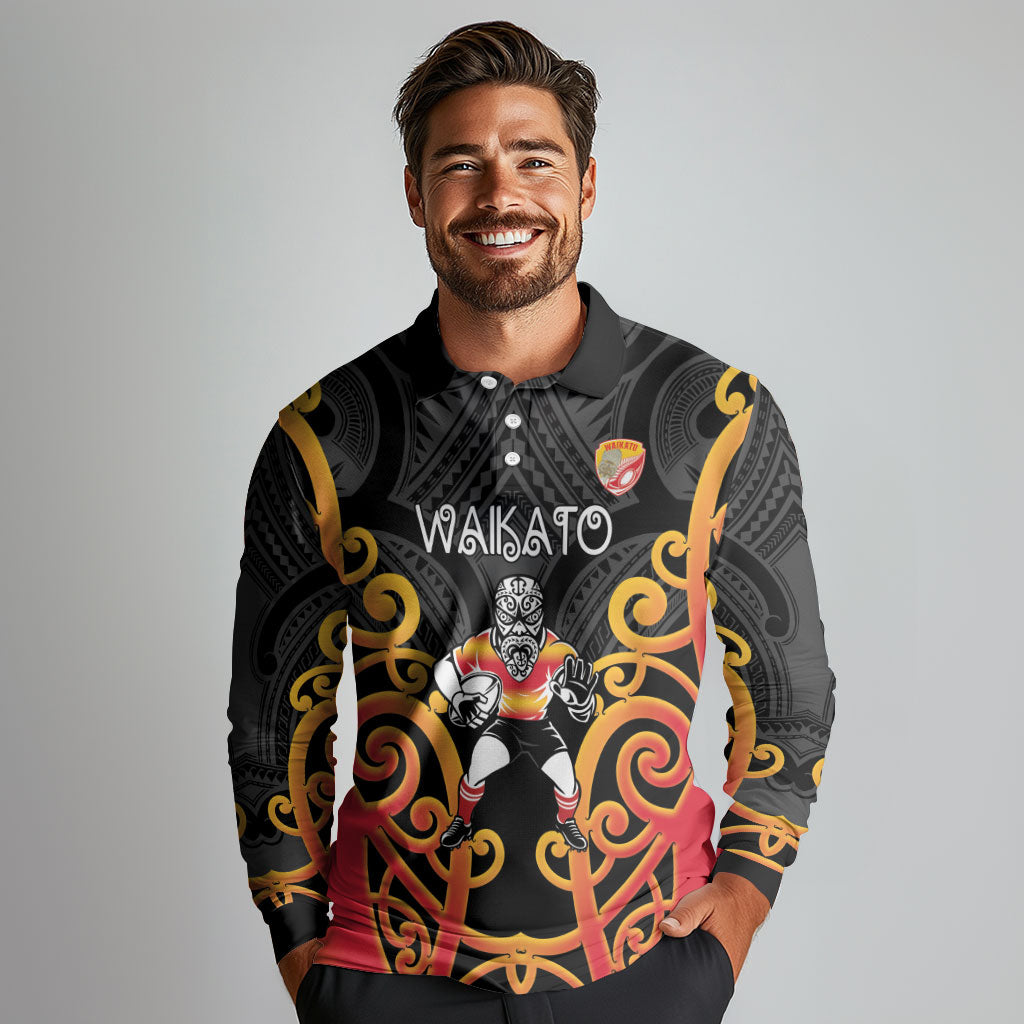 Waikato Custom Rugby New Zealand Long Sleeve Polo Shirt Aotearoa Maori Pukana Tiki Mascot