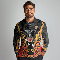 Waikato Custom Rugby New Zealand Long Sleeve Polo Shirt Aotearoa Maori Pukana Tiki Mascot