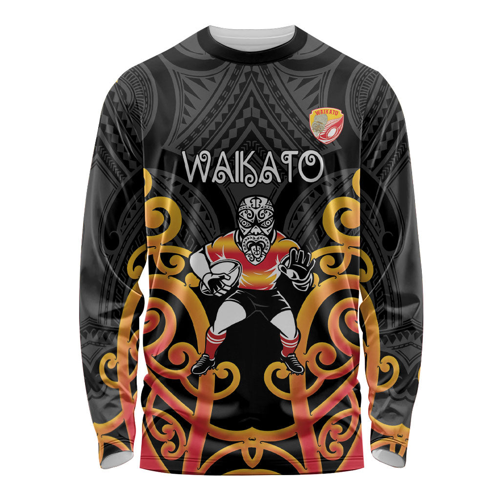 Waikato Custom Rugby New Zealand Long Sleeve Shirt Aotearoa Maori Pukana Tiki Mascot