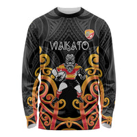 Waikato Custom Rugby New Zealand Long Sleeve Shirt Aotearoa Maori Pukana Tiki Mascot