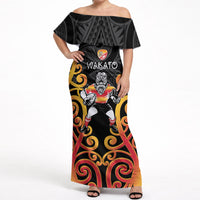 Waikato Custom Rugby New Zealand Off Shoulder Maxi Dress Aotearoa Maori Pukana Tiki Mascot
