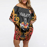 Waikato Custom Rugby New Zealand Off Shoulder Short Dress Aotearoa Maori Pukana Tiki Mascot