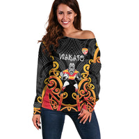 Waikato Custom Rugby New Zealand Off Shoulder Sweater Aotearoa Maori Pukana Tiki Mascot