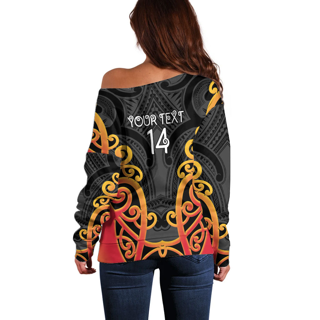 Waikato Custom Rugby New Zealand Off Shoulder Sweater Aotearoa Maori Pukana Tiki Mascot
