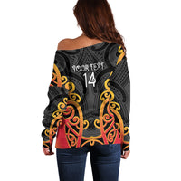 Waikato Custom Rugby New Zealand Off Shoulder Sweater Aotearoa Maori Pukana Tiki Mascot