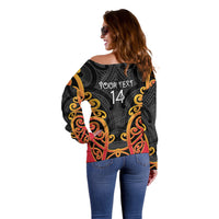 Waikato Custom Rugby New Zealand Off Shoulder Sweater Aotearoa Maori Pukana Tiki Mascot