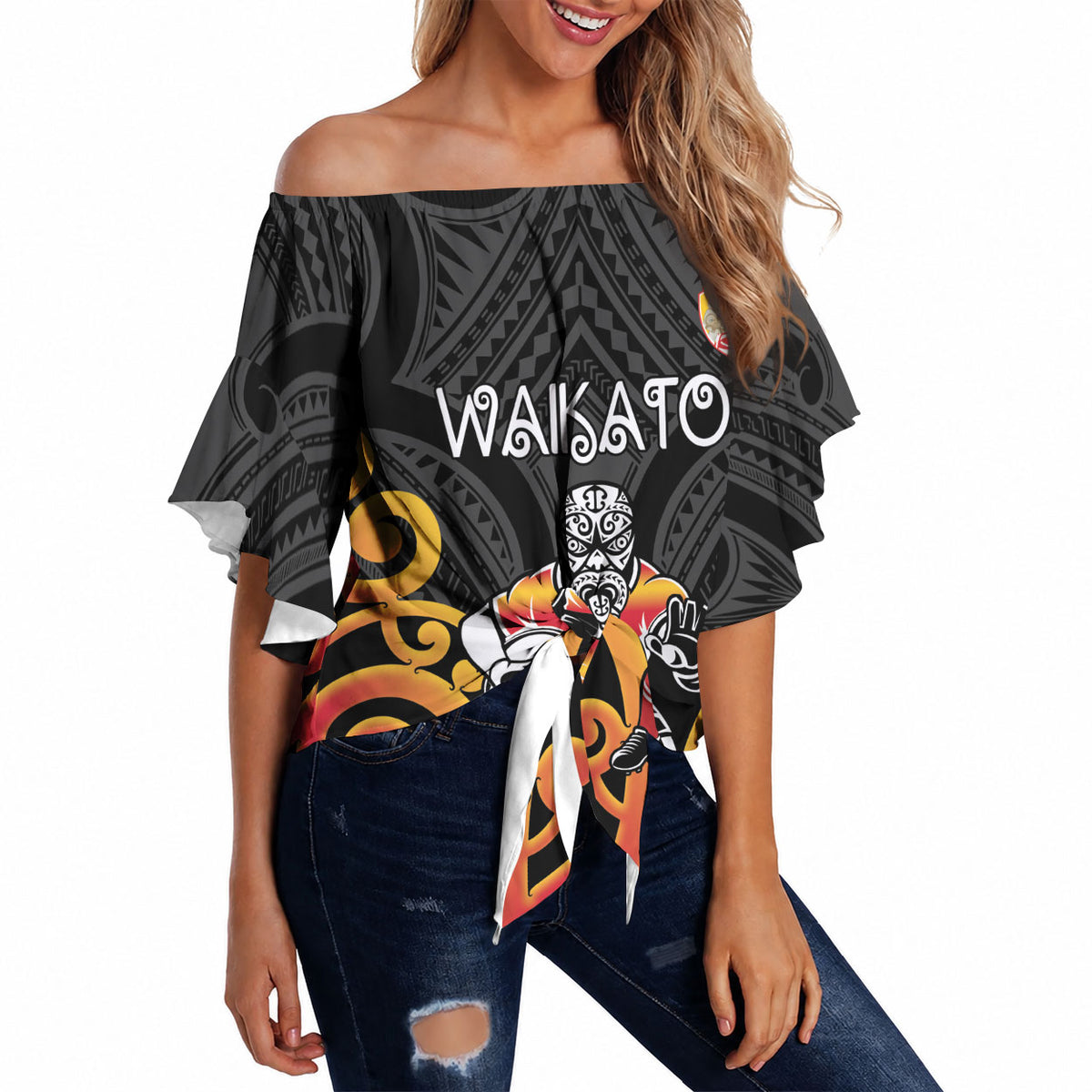 Waikato Custom Rugby New Zealand Off Shoulder Wrap Waist Top Aotearoa Maori Pukana Tiki Mascot