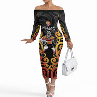 Waikato Custom Rugby New Zealand Off The Shoulder Long Sleeve Dress Aotearoa Maori Pukana Tiki Mascot