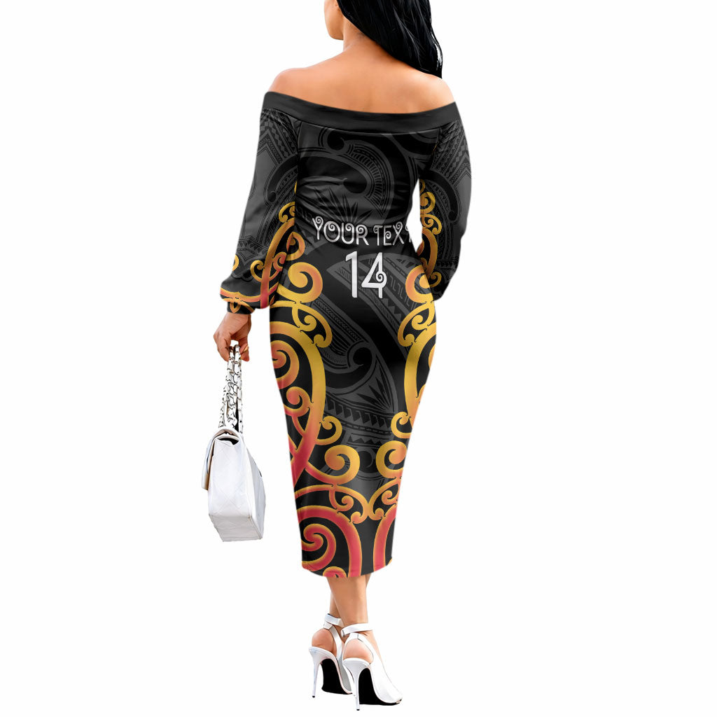 Waikato Custom Rugby New Zealand Off The Shoulder Long Sleeve Dress Aotearoa Maori Pukana Tiki Mascot