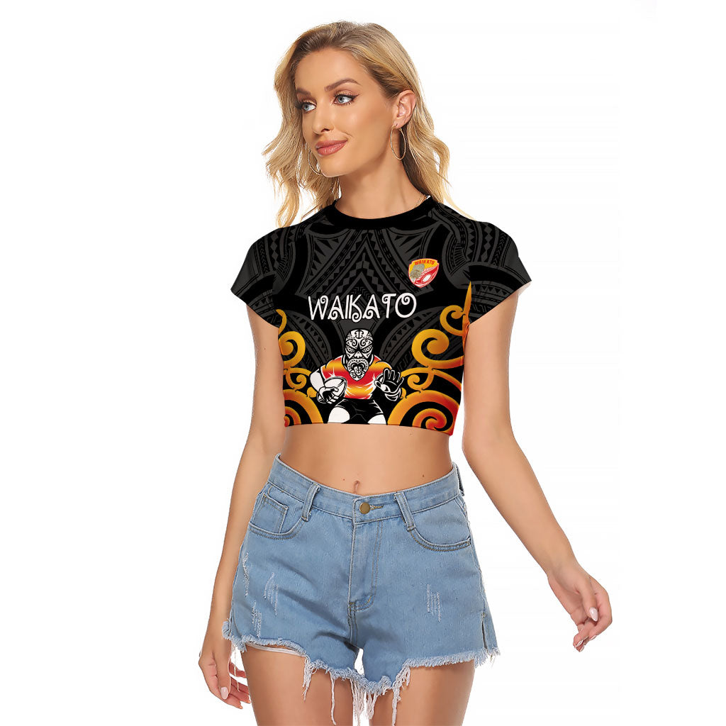 Waikato Custom Rugby New Zealand Raglan Cropped T Shirt Aotearoa Maori Pukana Tiki Mascot