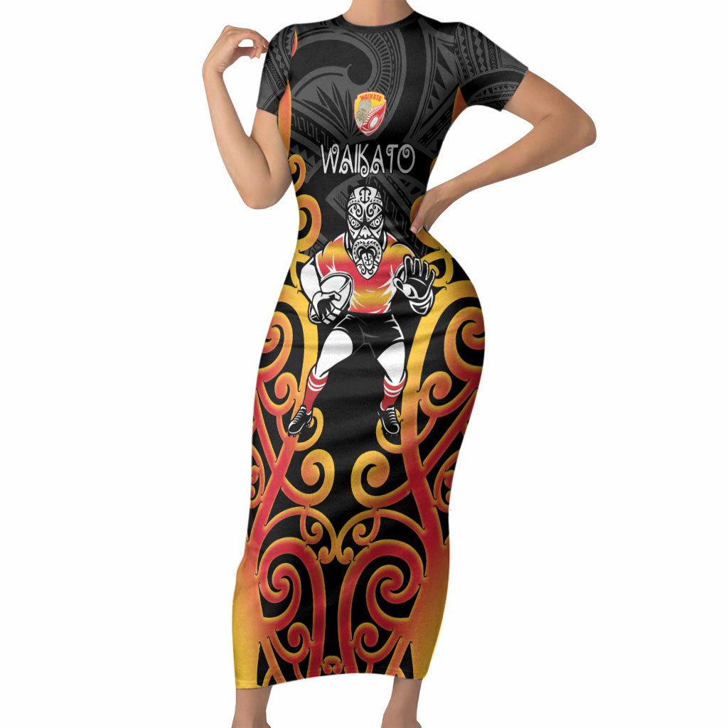 Waikato Custom Rugby New Zealand Short Sleeve Bodycon Dress Aotearoa Maori Pukana Tiki Mascot