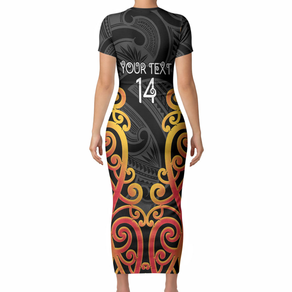 Waikato Custom Rugby New Zealand Short Sleeve Bodycon Dress Aotearoa Maori Pukana Tiki Mascot