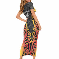 Waikato Custom Rugby New Zealand Short Sleeve Bodycon Dress Aotearoa Maori Pukana Tiki Mascot