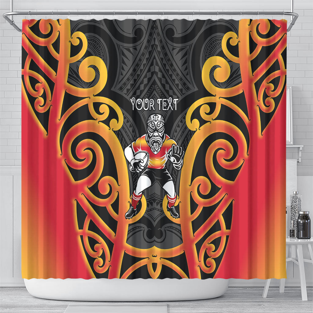 Waikato Custom Rugby New Zealand Shower Curtain Aotearoa Maori Pukana Tiki Mascot