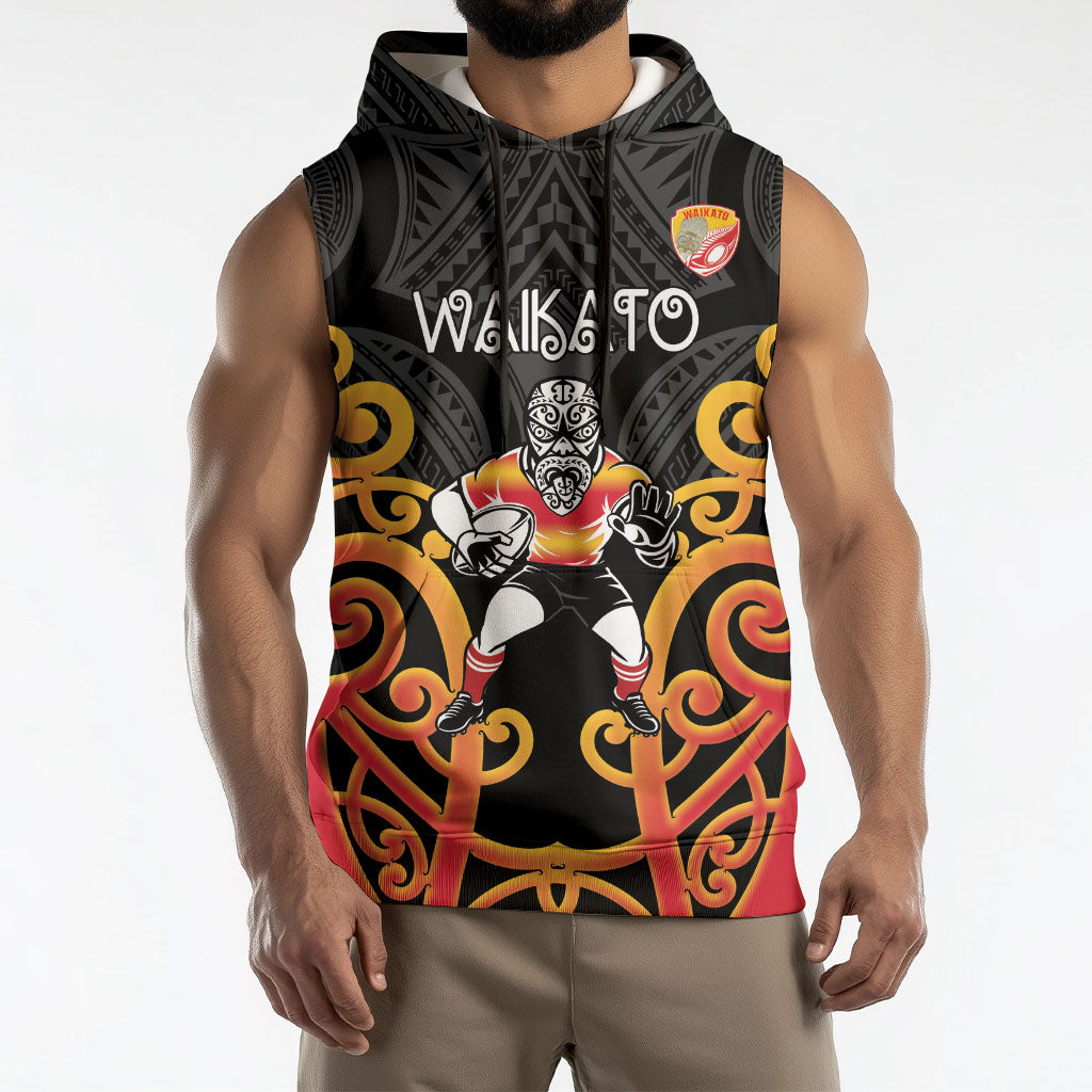 Waikato Custom Rugby New Zealand Sleeveless Hoodie Aotearoa Maori Pukana Tiki Mascot