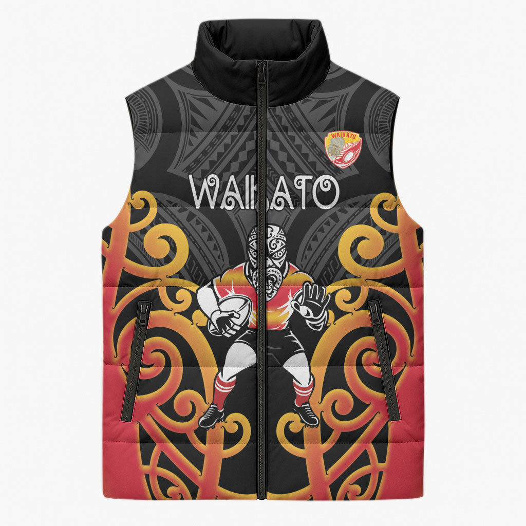 Waikato Custom Rugby New Zealand Sleeveless Puffer Jacket Aotearoa Maori Pukana Tiki Mascot